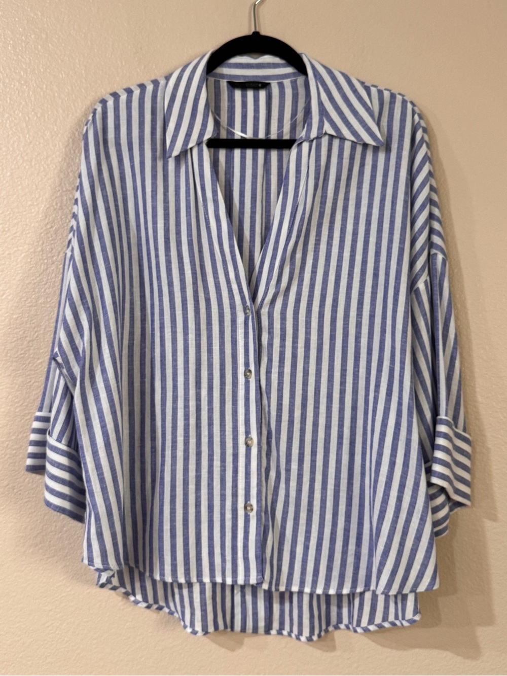 Zara Linen Blend Striped Oversized Button Down Blouse Blue White Medium